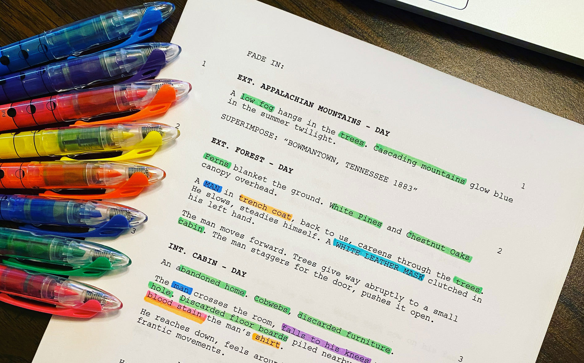 Use highlighters to identify all items needed for production in a screenplay.